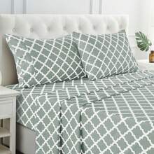 Lux Decor 4 Pieces Quatrefoil Bed Sheets - Stylish Comfy Bedding Set - Hotel Luxury Skin Friendly Cooling Sheets & Pillowcases Without Filler - Classic Collection With 16 Inches Deep Pocket - Shrinkage & Fade Resistant, Valentine's Day Bedroom, Spring Bedding Refresh, Guest Room Essentials, Dorm Room Bedding, Premium Bed Linens, Easy Care Sheets, Hypoallergenic Fabric, Year-Round Comfort, Master Bedroom Update, Matching Bedding Set, Hotel Quality Linens - 灰色和白色 - 查看 2