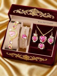 一套女士腕表，玫瑰金水晶心形表壳石英表，搭配同款心形吊坠项链、耳环、手链和戒指。适合日常佩戴或赠送亲朋好友（不含礼盒）。 - 玫紅色 - 查看 1