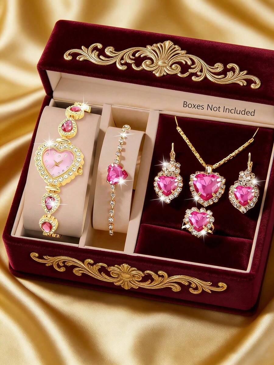 一套女士腕表，玫瑰金水晶心形表壳石英表，搭配同款心形吊坠项链、耳环、手链和戒指。适合日常佩戴或赠送亲朋好友（不含礼盒）。 - 玫紅色 - 查看 1