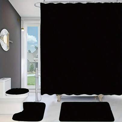 3pcs Bathroom Accessories Set, Including Black Shower Curtain, Waterproof Mat And Toilet Seat Cover, With 12 Hooks And Anti-Slip Design