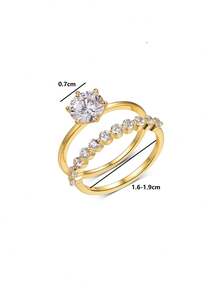 Set de 2 anillos apilables elegantes y de moda de plata de ley 925 con circonita cúbica incrustada, adecuados para compromiso, boda, uso diario, joyería - Amarillo Oro - Ver 8