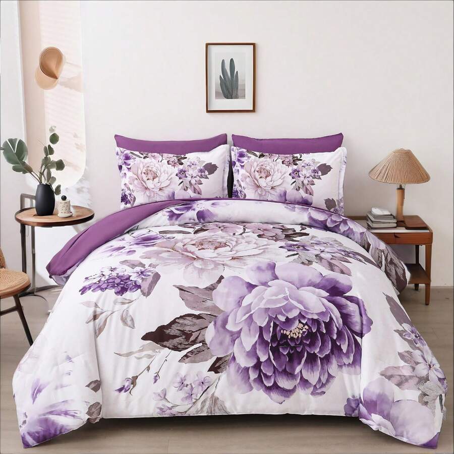 3PCS Soft Floral Quilt Cover Set Queen King Size Bed With 2 Pillowcases For Bedroom Decor,Purple Flower Design Duvet Cover Set,Valentine's Day Gift,Soft Microfiber Home Decor For Holiday - Màu tím - Xem 1