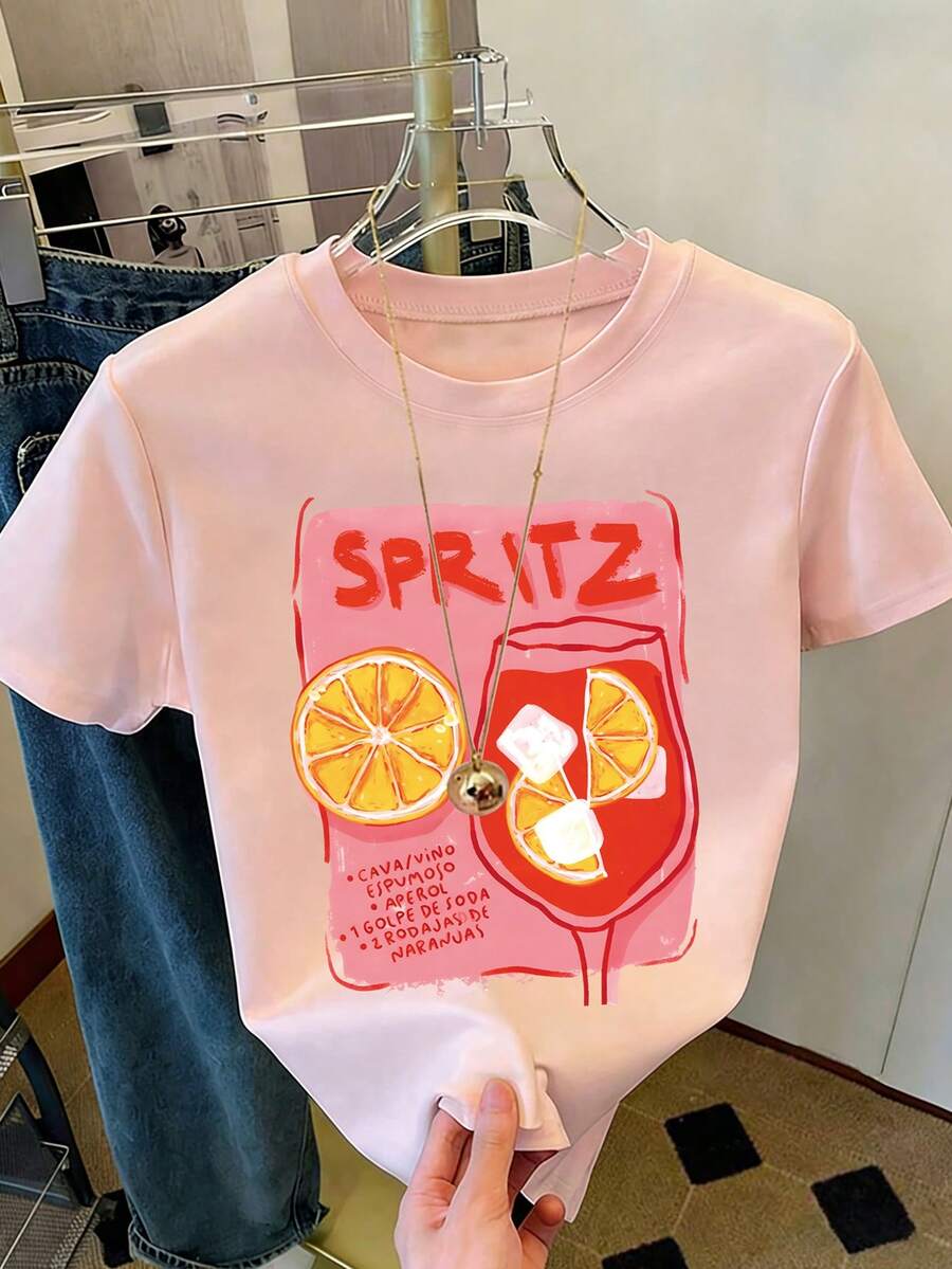 鸡尾酒印花女士休闲圆领短袖T恤，夏季 - 淺粉色 - 查看 1