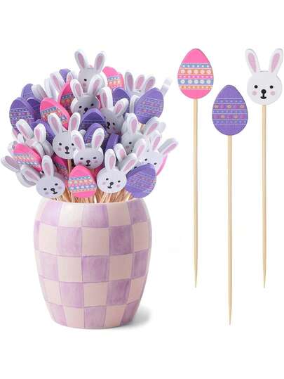 1包复活节牙签，适用于开胃菜，4.72英寸天然竹制鸡尾酒签，也适用于婴儿派对蛋糕甜点水果复活节派对装饰