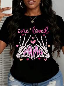 Mother's Day Women Plus Size Short Sleeve T Shirt Skeleton Hands Mama Pink Hearts Print Casual Wear - 黑色 - 查看 1