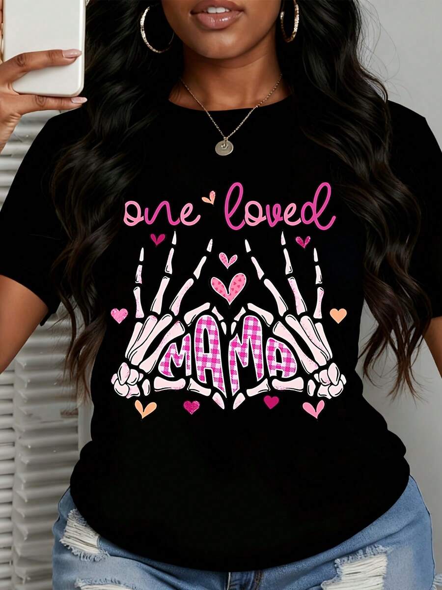 Mother's Day Women Plus Size Short Sleeve T Shirt Skeleton Hands Mama Pink Hearts Print Casual Wear - 黑色 - 查看 1