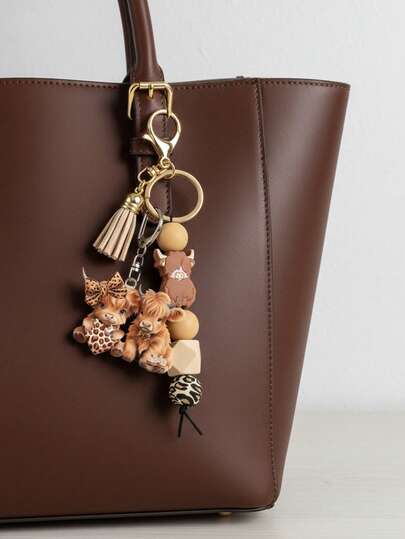 1 Charming Cute Highland Cattle Silicone Beaded Keychain With Tassel, Cute Short Keychain, Cartoon Punk Style, Animal Theme, Lobster Clasp, Decorative Backpack Accessory, Acrylic Pendant, Car Key Anti-Lost Chain,Silicone Beads, Tassel, Backpack Accessory, Car Key, Anti-Lost Chain - Very Suitable For Car Keys, Backpacks And Bags, Also A Good Choice For Holiday Gifts, Birthday Gifts,Gifts For Cow Lovers