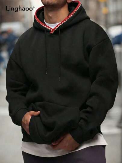 Men's Contrast Color Pocket & Elastic Cuff Design Fashionable Versatile Warm Sweatshirt For Autumn