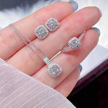 4pcs/Set Cuboid Shiny Zirconia Inlaid Stud Earrings & Pendant Necklace & Ring Elegant Luxury Style Delicate Female Gift - Bạc - Xem 8