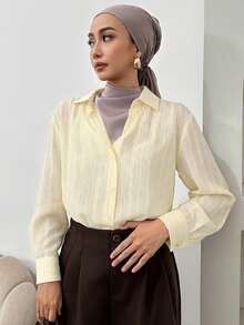 Livesso Women's Striped Long Sleeve Casual Business Shirt, Autumn,Long Sleeve Tops,Fall Women Clothes - Yellow - View 4