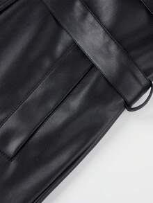 Women's Spring/Autumn PU Leather Long Jacket, Fashionable Lightweight Windbreaker With Adjustable Waist Belt - Versatile Commuter Coat - Black - View 6