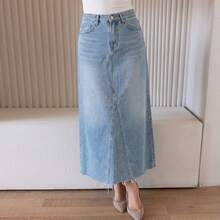 Livesso High Waist Distressed Denim Slit Skirt, Slimming Women's Denim Skirt - Medium Wash - View 1