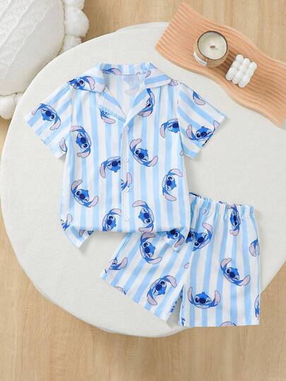 Disney Officially Licensed, Young Boys' 2 Pieces Set - Short Sleeve Polo Shirt And Shorts, Stitch Print, Front Opening, Cute & Fashionable, Breathable Fabric, 2 Pieces Outfit, Children Shorts Set, Summer Casual Suit