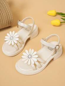 1双夏季新款女童高跟凉鞋，露趾粗跟儿童连衣裙凉鞋 - 米色 - 查看 4