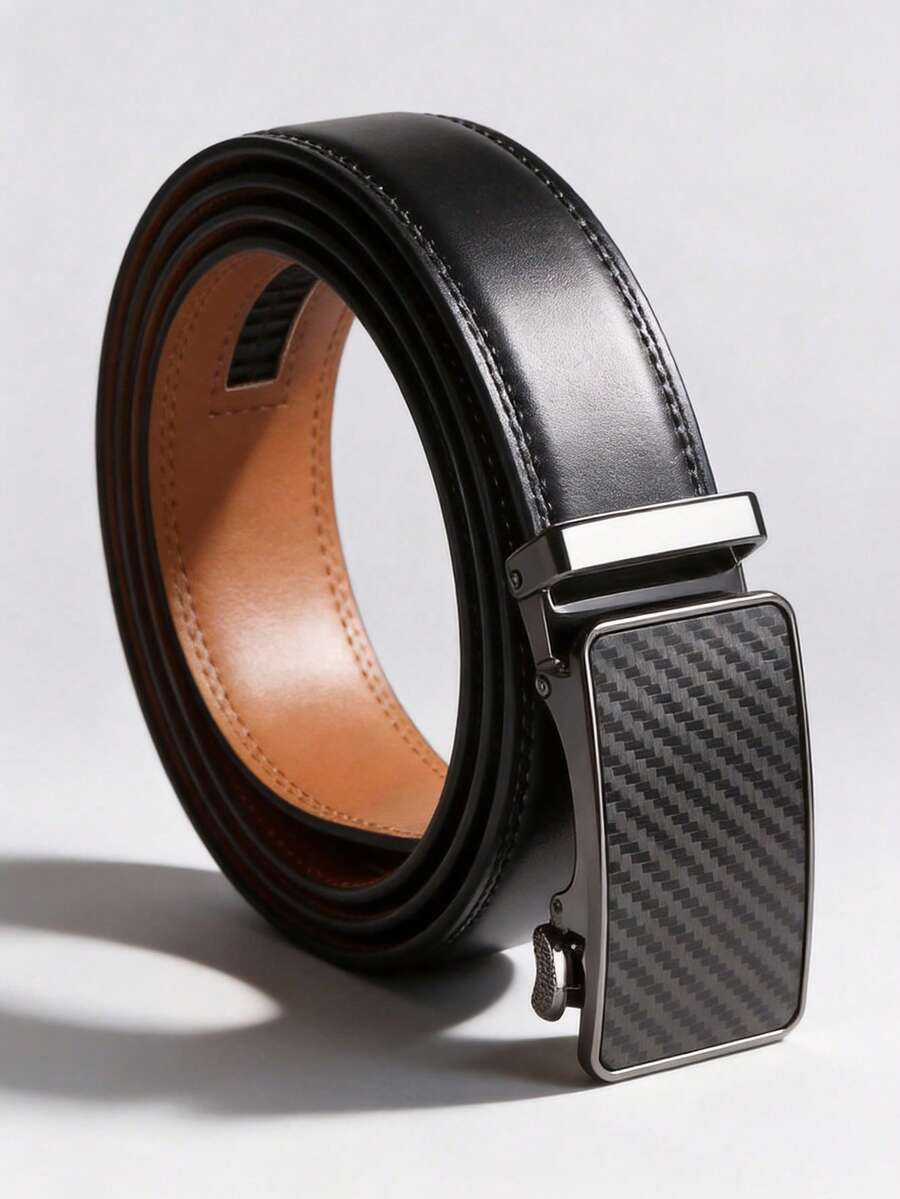 Cinto de Couro Ajustável com Catraca para Homens. Cinto Masculino de Designer, Couro Genuíno de Dupla Camada, Adequado para Ocasiões Formais e Casuais. Acompanha Fivela Ajustável. Presente Masculino. Diversão ao Ar Livre. Design Texturizado. Presente/Acessório de Aniversário. Cinto Masculino/Empresarial sem Furos. - Preto - Visão 1