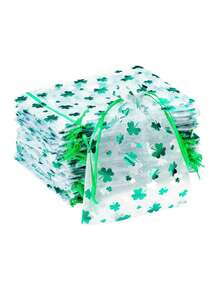 10/20个装幸运四叶草欧根纱袋，圣帕特里克节透明欧根纱袋，尺寸3.9*5.9英寸首饰袋，金边绿色爱尔兰幸运四叶草抽绳袋，圣帕特里克节派对礼品袋，小型生日礼物袋首饰袋迷你抽绳袋网状香水袋，主题派对礼品，礼品包装袋，完美派对用品 - 綠色 - 查看 1