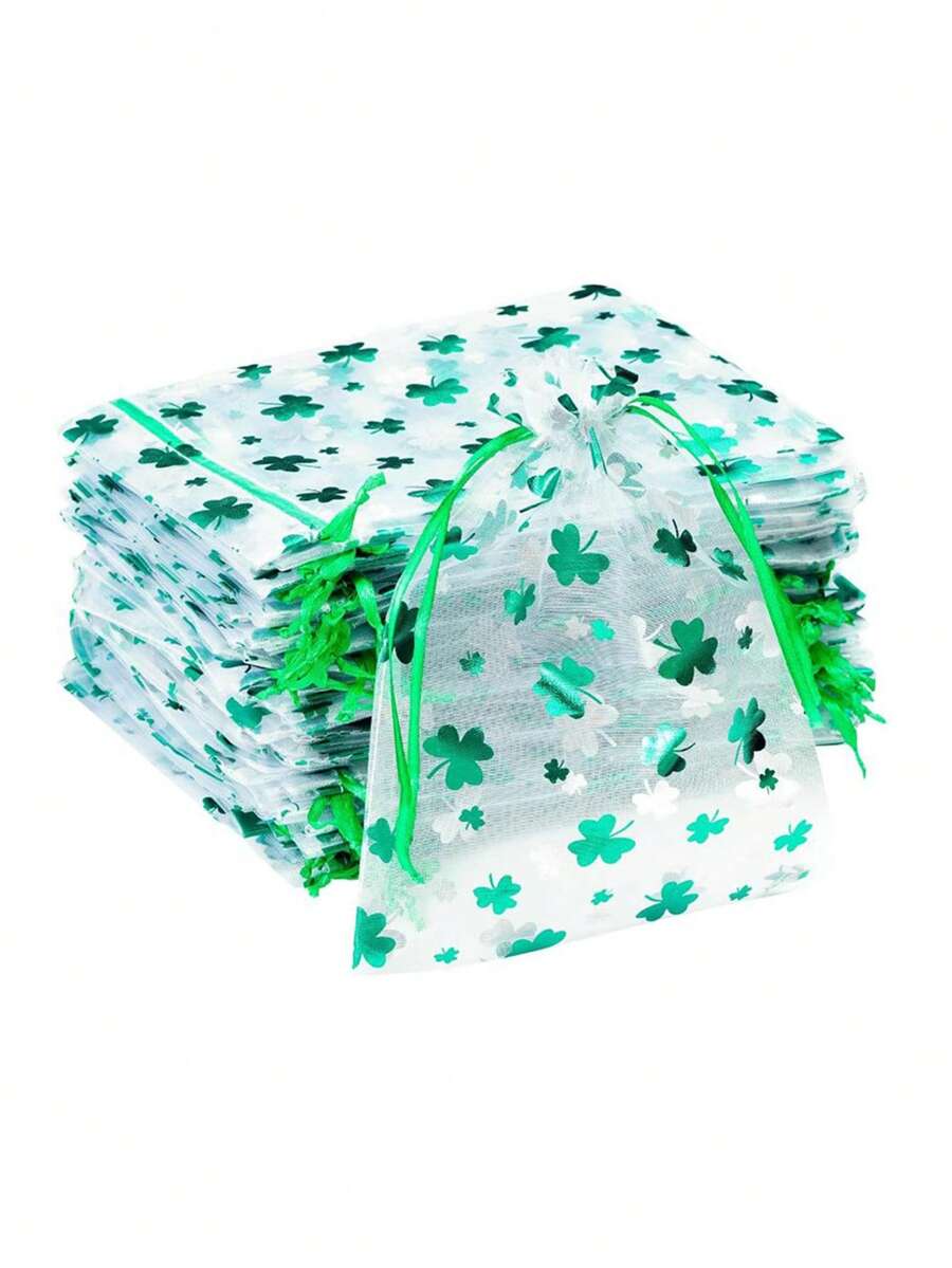 10/20个装幸运四叶草欧根纱袋，圣帕特里克节透明欧根纱袋，尺寸3.9*5.9英寸首饰袋，金边绿色爱尔兰幸运四叶草抽绳袋，圣帕特里克节派对礼品袋，小型生日礼物袋首饰袋迷你抽绳袋网状香水袋，主题派对礼品，礼品包装袋，完美派对用品 - 綠色 - 查看 1