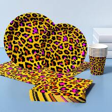 Leopard Print Disposable Plate, Napkin, Cup Set, Plates, Napkins And Cups Party Supplies, Serves 8 Guests, Disposable Paper Plates Party Tableware Suitable For Birthday, Wedding, Theme Party, Family Picnic - Multicolor - View 3