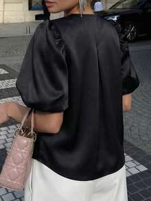 Women's Elegant Luxurious Commuter Black Satin Puff Sleeve Blouse, Spring/Summer - Black - View 3