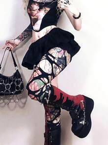 Goth Platform Boots For Women Back To School Punk Motorcycle Boots Mid Calf Round Toe Boots Back Zip Wedges Fall Boots - 黑紅色2 - 查看 5