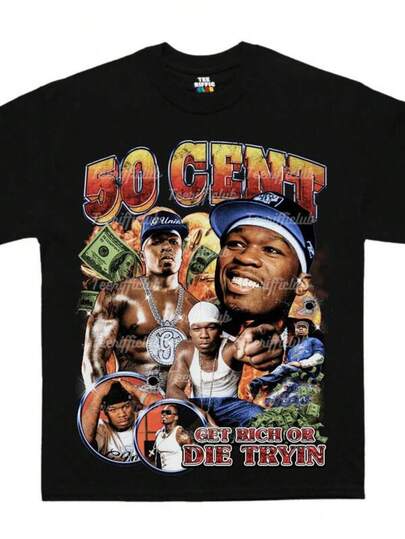 50 Cent T-Shirt, Hip Hop New York T-Shirt, Vintage Retro Gift, Rap Tee Y2k LA Patterned Printed Short Sleeved Top T-Shirt Boyfriend Gift Soft, Durable Round Neck Casual Top For Spring, Summer, And Fall Graphic Tee  Shirts Graphic