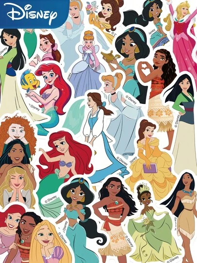 Disney 50张迪士尼公主贴纸，包括美人鱼、爱丽儿、白雪公主、茉莉公主等，可用于笔记本电脑、行李箱、电脑、日记本、手机壳等装饰。