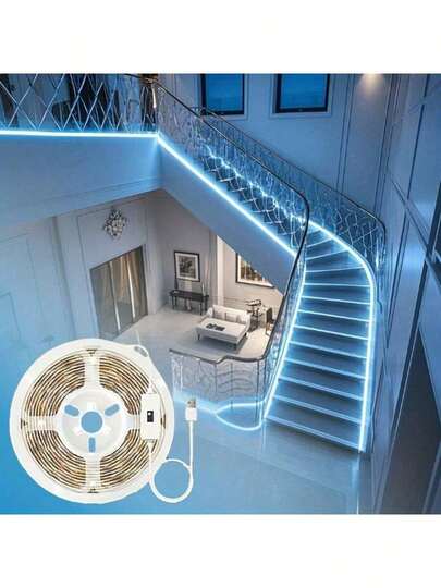 USB供电人体感应灯带，带自动开关功能 - 多彩灯光，适用于万圣节、楼梯、卧室和走廊，无需布线，易于粘贴，内置人体感应器和灯泡