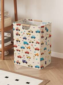 1pc Foldable Storage Basket With Car Print, Collapsible Laundry Hamper Bag With Wooden Handle, Home Bathroom Dirty Clothes Storage Bin - Multicolor - View 8