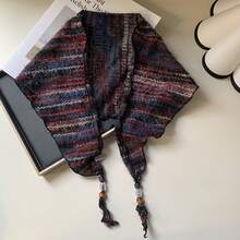 One-Piece Spring And Autumn Scarf New Retro Artistic Style Wooden Bead Pendant Small Scarf Neck Scarf Small Shawl Triangle Scarf - 灰綠混色紋 - 查看 7