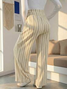 可调节腰带抽绳条纹孕妇裤，休闲高腰直筒裤，春季款 - 杏色 - 查看 3