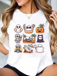 Halloween T-Shirt 100% Cotton Summer Ghost Pumpkin Summer Dresses For Women Graphic Tee Fashion Vacation Tops - Blanc - Voir 1