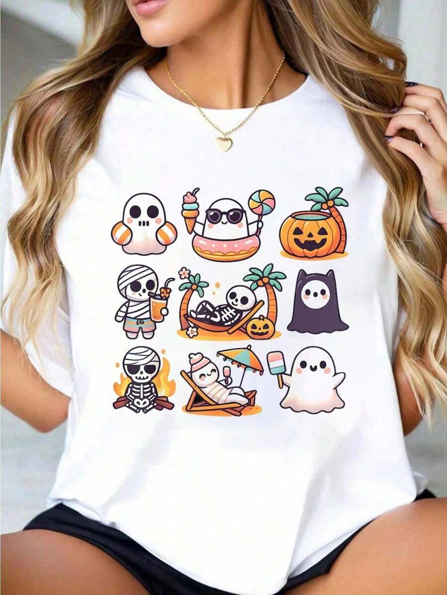 Halloween T-Shirt 100% Cotton Summer Ghost Pumpkin Summer Dresses For Women Graphic Tee Fashion Vacation Tops - Blanc - Voir 1