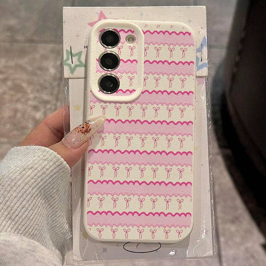 1个TPU材质甜美粉色波浪蝴蝶结条纹图案时尚手机壳，兼容三星/A05s/A12/A13/A14/4G/A15/A21s/A23/A25/A32/5G/A34/A35/A50s/A51/A52/A53/A54/A55/A71/A72/A73/S10/S20FE/S20Ultra/S21Ultra/S22/S22Plus/S23/S24、/10C/12C/Note10/11/12/13/ProPlus/Note8/9Pro，全包防摔软壳手机保护套 - 白色 - 查看 1