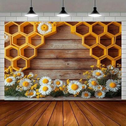 2 pannelli piatti, 1 pezzo Sfondo da parete a tema ape e fiori primaverili con favo e grana del legno - Girasoli bianchi e gialli brillanti, favo color giallo senape e marrone simile alla cera d'api - Senza elettricità richiesta