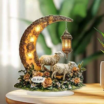 1pc 2D Acrylic Eid Al-Adha Themed Art Decor, Featuring Golden Crescent Moon Background With 3 Joyful Figures Wearing Headscarves And A Sheep, Oval Blue Base Engraved With Holiday Greetings, Suitable For Cultural Exhibitions, Home Decor, And Holiday Collectibles