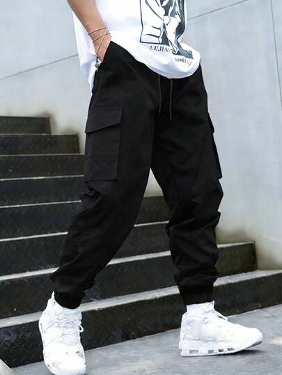 Men's Pants, Spring/Autumn Solid Color Multi-Pocket Drawstring Cargo Pants, Loose & Comfortable Sweatpants