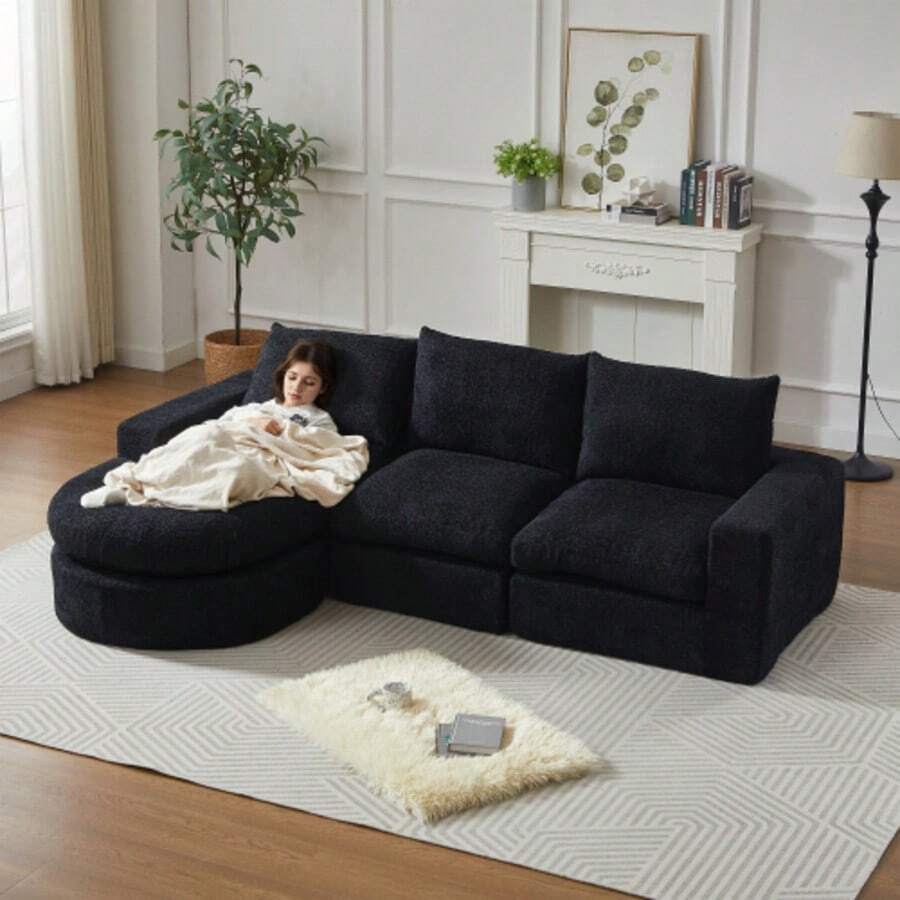 Chenille-Sofa With Built-In Elements And Liegestuhl, Fully-Compressed And Ohne Management, Modular Combinationsofa L-Liegestuhl, Schaumstoff-Compressionssofa, Keine Montage Erforderlich - 黑色 - 查看 1
