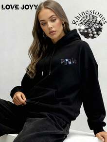 LOVE JOYY High Street Fashion Women Loose Long Sleeve Pullover Hoodie With Angel Wings Rhinestone Decor, Pocket, Blingbling Streetwear, Autumn/WinterY2Y-W- Gras - Đen 5 - Xem 2