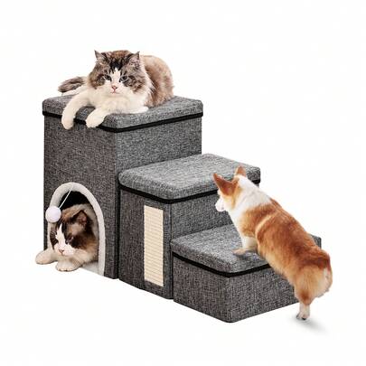 Piorlado Dog Stairs For Small Dogs, 3 Steps Pet Stairs / Cat Stairs For Bed And Sofa, Folding Stairs With Cat Dog Cave, Non-Slip Base