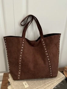 1 chiếc túi xách nữ thời trang màu nâu mới, chất liệu da lộn phối nhiều mảng màu, túi đeo vai cỡ lớn có đinh tán, kiểu dáng tối giản thanh lịch, đa năng. - màu nâu - Xem 5