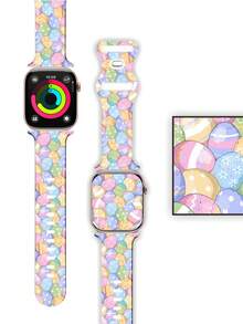 Printed Silicone Watch Band, Suitable For Apple Watch Bands 38mm, 40mm, 41mm, 42mm, 44mm, 45mm, 49mm, Compatible With Apple Watch SE, Series 9, 8, 7, 6, 5, 4, 3, 2, 1, Unisex, Non-Fading Silicone, Cute Easter Pattern - Watermelon Pink - View 2