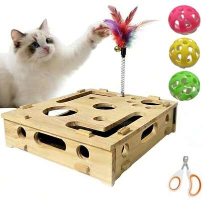 Cat Nail File Puzzle Box, Cat Scratching Puzzle Box, Featuring Nail File Function, Includes 3 Paw-Shaped Balls And 1 Fish-Shaped Chew Toy - A Multi-Functional Cat Nail File Toy