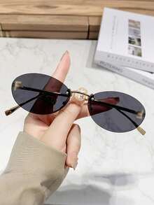 1副时尚无框复古椭圆形小框眼镜，百搭女士款 - 金灰 - 查看 4