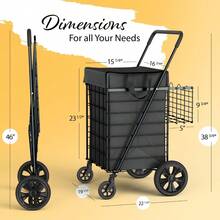 Shopping Cart & Large 360° Swivel Wheels | Foldable Collapsible & Lightweight | Perfect For Groceries Laundry Utility Cart - Black - Black - View 2