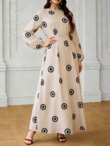 Ramadan New Arrival: Beige Black Floral Print Cinched Waist Lantern Sleeve Maxi Dress, Casual/Commute Elegant Versatile - Apricot - View 5