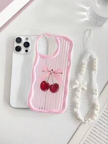 Cream Textured Wavy Edge Glossy Striped Cherry Painted Anti-Drop Phone Case Protective Cover With Handmade Beaded Bracelet Accessory, Compatible With IPhone 16/11/16pro/16plus/16promax/16e/15Promax/13/14/12/XS/XR/7G/8P, Galaxy 11/12Pro/12/12X/13Pro/14Pro/15Pro/, 10/9/Note9/12c/Note11pro/Note8Pro,International Version, Not The Domestic Version - Multicolor - View 5