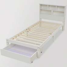 Cama de casal em madeira maciça com gavetas e estrado de ripas, estante integrada para adolescentes e adultos, cama infantil, 140 x 200 cm, branca. - Branco 1 - Ver 10