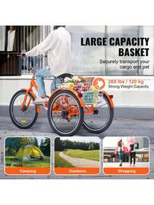 Folding Adult Tricycle, 26-Inch 7-Speed Adult Folding Trikes, Carbon Steel 3 Wheel Cruiser Bike With Basket & Adjustable Seat, Shopping Picnic Foldable Tricycles For Women, Men, Seniors (Pink) - 橘色 - 查看 6