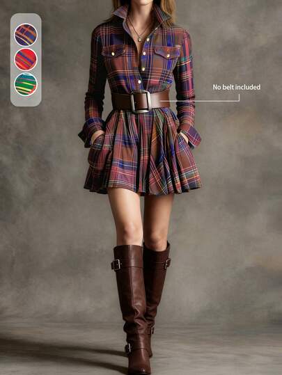 (No Belt) Vintage British Style Plaid Shirt Dress, Contrast Color Plaid Waist Cinched Skirt, Button Pocket Design, Retro Casual Slim Short Shirt Dress