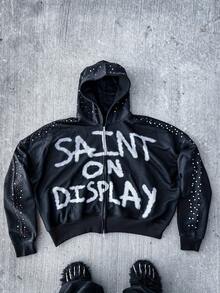 Women's Y2K Gothic Lettering Zip-Up Hooded Sweatshirt Jacket - Oversized Round Neck Streetwear Pullover With Saint On Display Back Print, Long Sleeve Casual Winter Warmth, Machine Washable White Hoodie With Black Piping & Red Drip Lettering (Inspired By Gothic Aesthetic) - Layering Essential For Fall/Winter Outfits - 黑色 - 查看 3